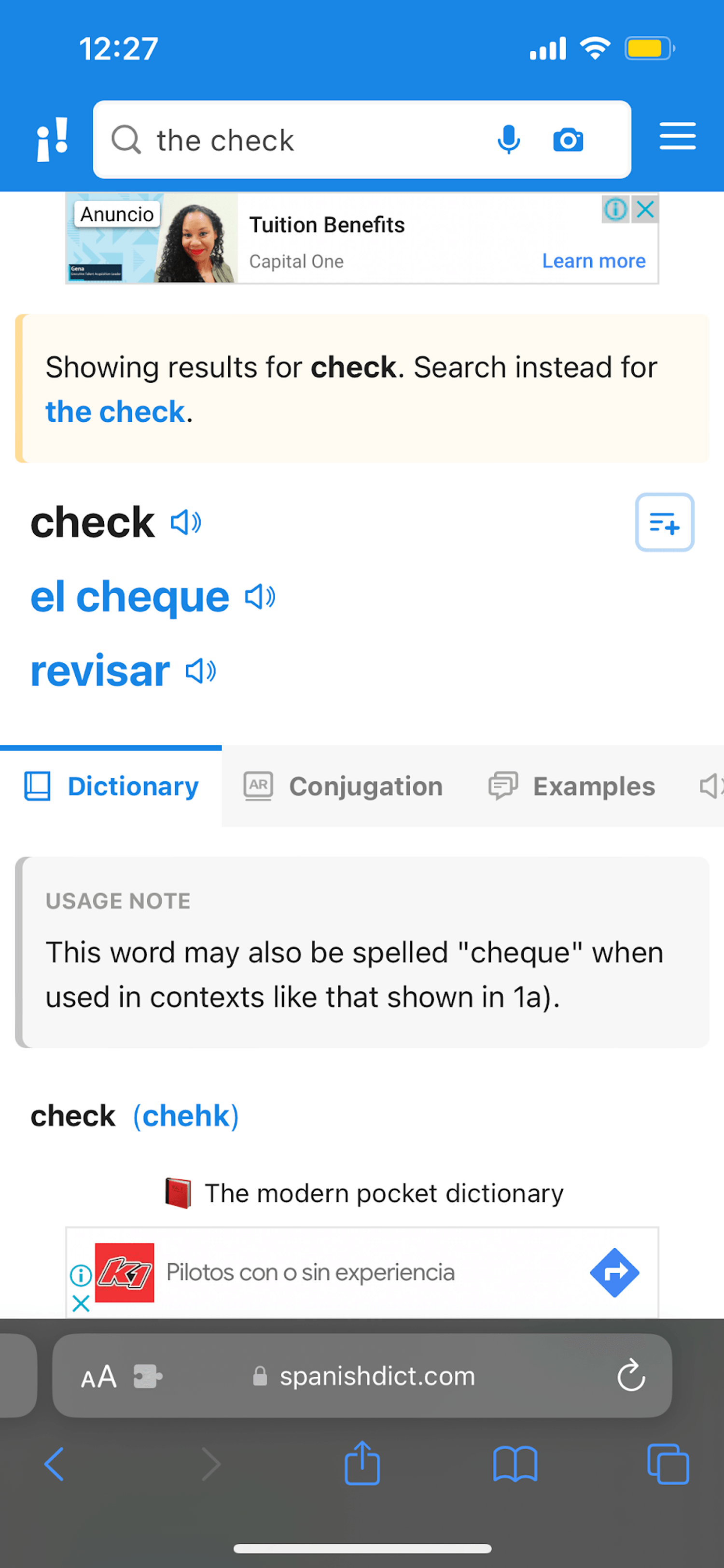 Screenshot of an English to Spanish dictionary.