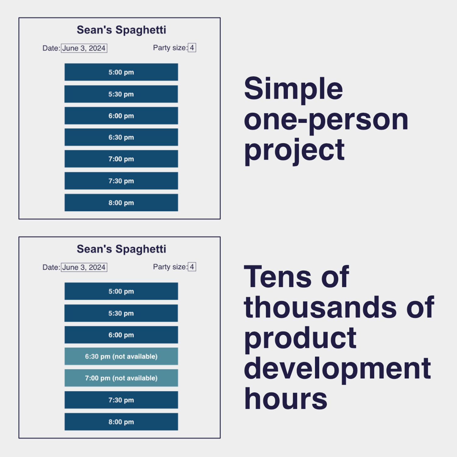 Two views of a restaurant reservation interface.